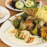 Veggie Kabob Plate · Bbq’ed veggies, 1 falafel, hummus, salad, rice.