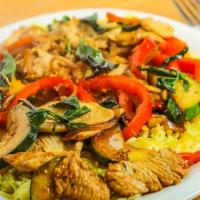 Grandma Chicken Platter · Chicken stir fry with basil, zucchini, & peppers over rice.

Please mention spicy level in c...