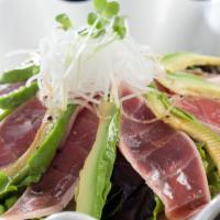 Sashimi Salad  (1.2.) · Spring greens with assorted sashimi & sliced avocado served with yuzu dressing