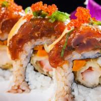 Red Dragon  (1.2.) · Spicy. Shrimp tempura and cucumber topped with spicy tuna, tobiko, green onions, unagi sauce...