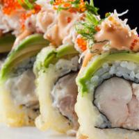 Super Godzilla  (1.2.) · Spicy. Yellowtail and cream cheese deep-fried topped with avocado, dungeness crab, green oni...