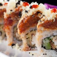 Super Spider  (1.2.) · Spicy. Soft shell crab, eel, asparagus, and cucumber topped with spicy tuna, tempura flakes ...