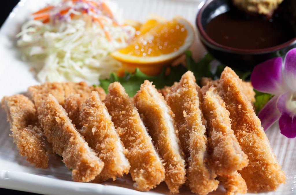 Chicken Katsu  (1.2.) · Panko breaded & deep· fried served with rice, salad & miso soup .
