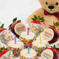 Happy Birthday Box With Plush Bear · (4) Semi Sweet Chocolate Dipped Strawberries w/ Happy Birthday Sentiments
(4) White Chocolat...