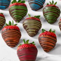 Rainbow Berries Box With Plush Bear · (12) Semi Sweet Chocolate Dipped Strawberries w/ Multi-Color Swirls 
(1) Edi Bear