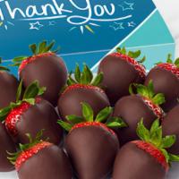 Thank You Chocolate Dipped Strawberries Box · (12) Semi Sweet Chocolate Dipped Strawberries
(1) Thank You Sleeve