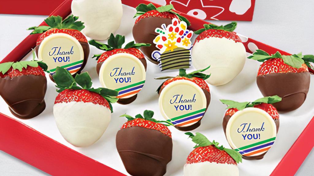 Heartfelt Thank You Berries · (4) Semi Sweet Chocolate Dipped Strawberries w/ Thank You Sentiments
(4) Semi Sweet Chocolate Dipped Strawberries
(4) White Chocolate Dipped Strawberries