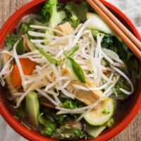 13. Pho Chay (Vegetarian Noodle Soup) · Tofu, bok choy, brocolli, shitake mushroom, in chicken broth or Veggie broth