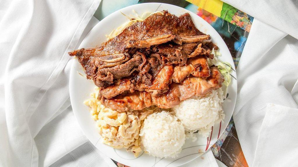 BBQ Mix Plate · A Blend of our Three Famous BBQ Meats: Beef, Chicken, and Beef Short Ribs.  Served with 2 Scoops of Rice and Choice of Macaroni Salad or Tossed Green Salad.