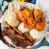 Seafood Combo · Fried Fish, Fried Shrimp and Choice of Meat. Served with 2 Scoops of Rice and Choice of Maca...