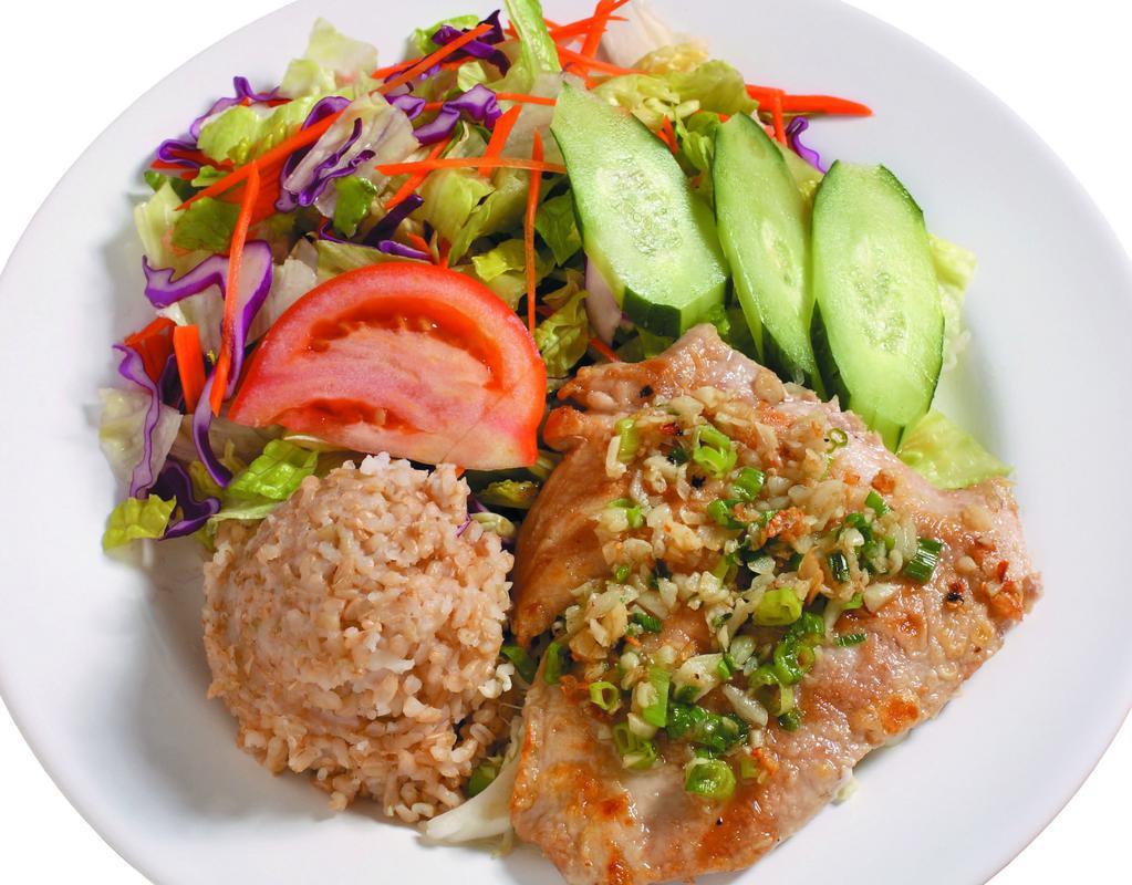 Healthy Garlic Fish · A Mouthwatering Fish Filet Seasoned with Garlic. Served with Brown Rice and Tossed Green Salad with House Dressing.