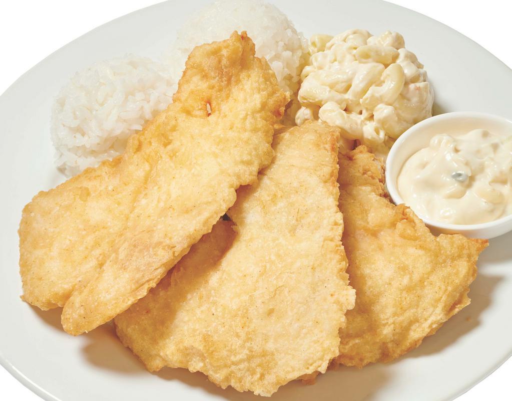 Fried Fish · Fish Fillet Fried to Golden Brown for Fish Lovers with Tartar Sauce. Served with White Rice and Choice of Macaroni Salad or Tossed Green Salad.