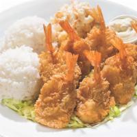 Fried Shrimp · Deep-Fried Shrimp Cooked to Perfection. Served with White Rice and Choice of Macaroni Salad ...