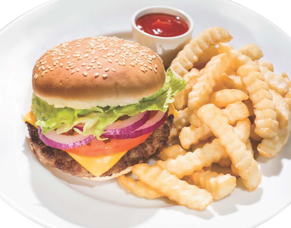 Hamburger Combo · Well-Done Beef Burger with Onion, Lettuce, Tomato, Ketchup, and Mayo. Comes with French Fries and a Canned Soda