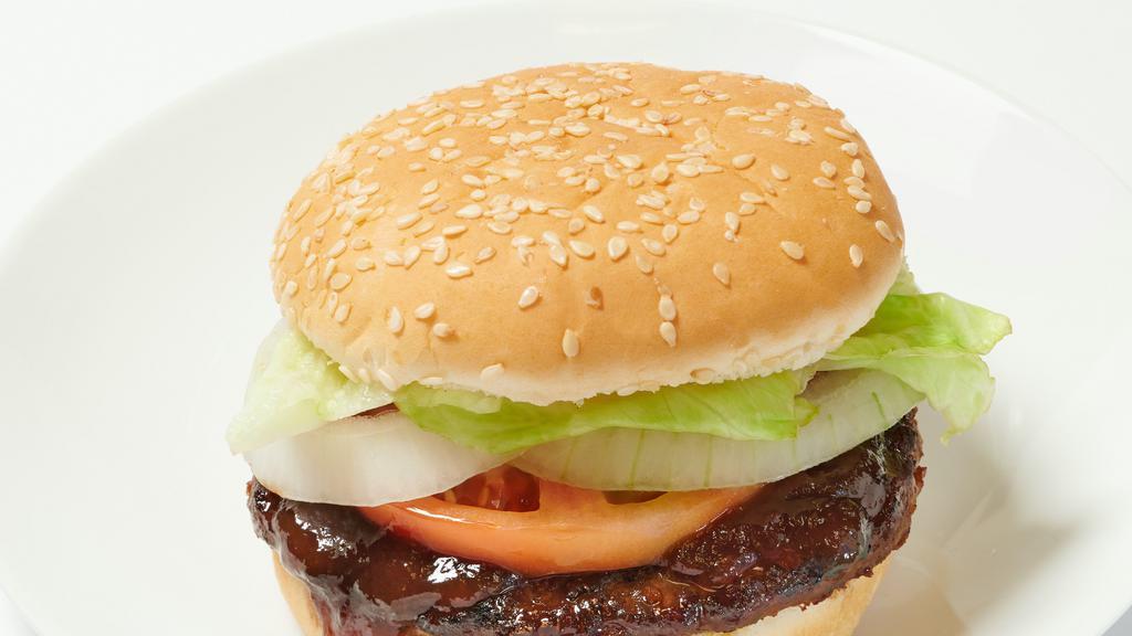 BBQ Burger · Well-Done Beef Burger with Onion, Lettuce, Tomato, BBQ Sauce, and Mayo