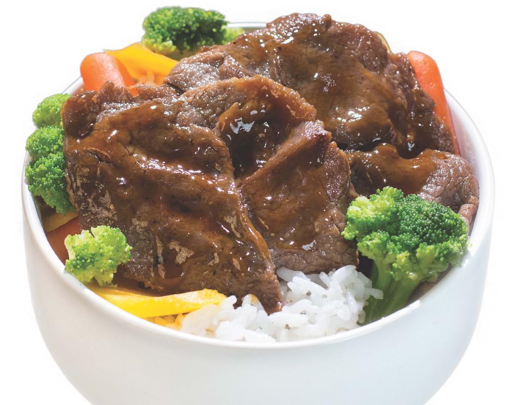 BBQ Beef Bowl · BBQ Beef Served with Steamed White Rice and Mixed Steamed Vegetables