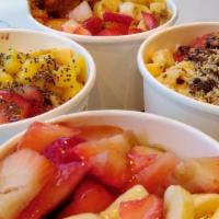 Dessert Bowl · Açai, banana, strawberries, almond milk, maca, cacao, hemp seed, coconut flakes, honey grano...