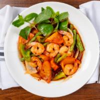 37. Saucy Spicy Shrimp · Stir fry shrimp with string beans, green, and red peppers, yellow onion, dried chili, srirac...