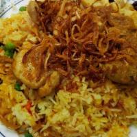 41. Chicken Biryani · Biryani rice come with house special chicken curry, cashews, raisin, and fried onion on top.