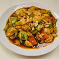 Kung Pao Seafood · Hot and spicy. Sautéed prawn, scallops, squid, mushroom, zucchini, bell pepper, water chestn...