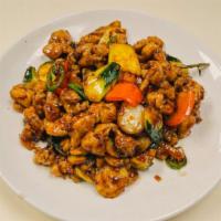 Chicken w/ Basil Leaves · Hot and spicy. Diced chicken with water chestnut, zucchini, red bell pepper, jalapeño, basil...