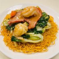 Taishan Pan Fried Noodle · Chicken, BBQ pork, shrimp, bok choy, carrot in oyster sauce.