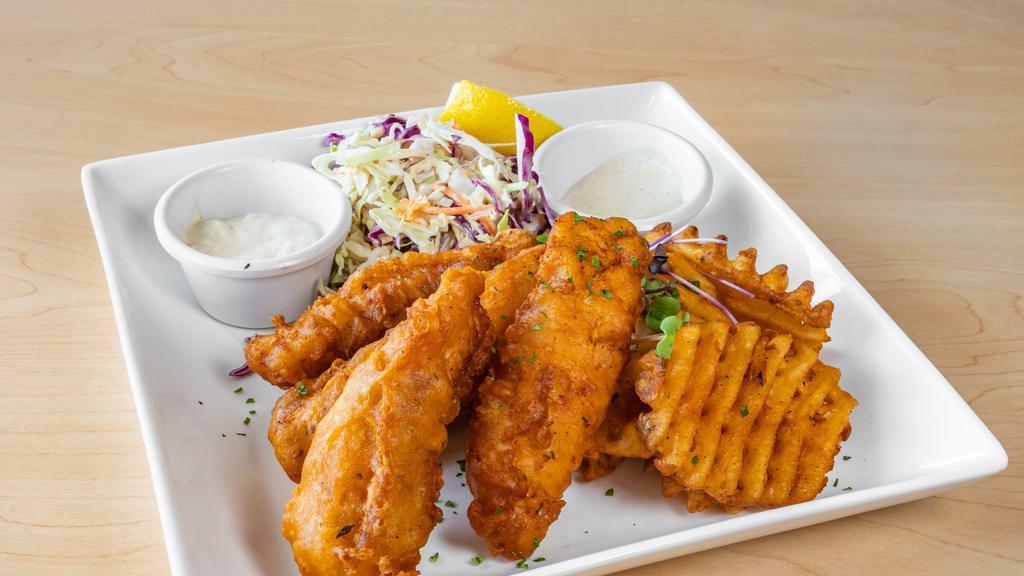 Fish & Chips  (Cod) · Side of Tartar sauce, Coleslaw and Waffle Fries.