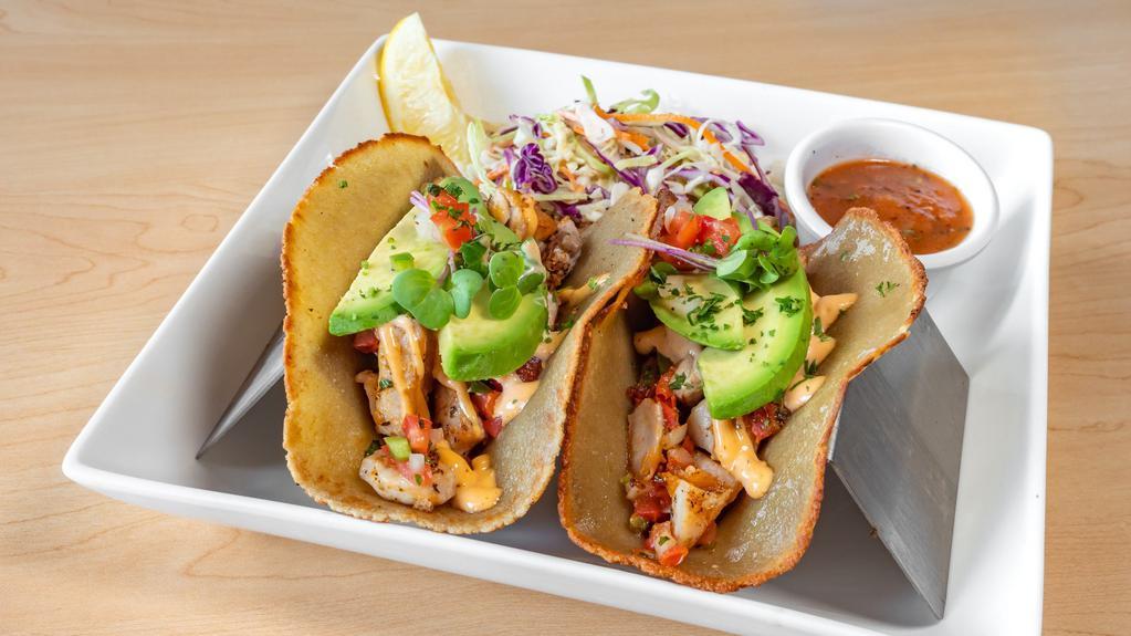 Grilled Mahi Mahi (2-Tacos) · 2 Tacos with our Hand-made  own organic quinoa tortilla filled with   Fresh Pico de Gallo,  avocado. Served with side of Roasted tomato Salsa and Coleslaw.
