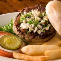 The ½ Pound Lamb Burger · Fresh ground lamb with melted bleu cheese, caramelized red onions & grilled mushrooms.