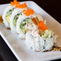 Drunken Fish Roll · Shrimp tempura, unagi, crab salad, avo, cucumber, masago, sauce.