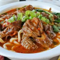 Spicy Pork Intestine Noodles 麻辣大腸麵 · Spicy braised pork intestine soup with noodles.