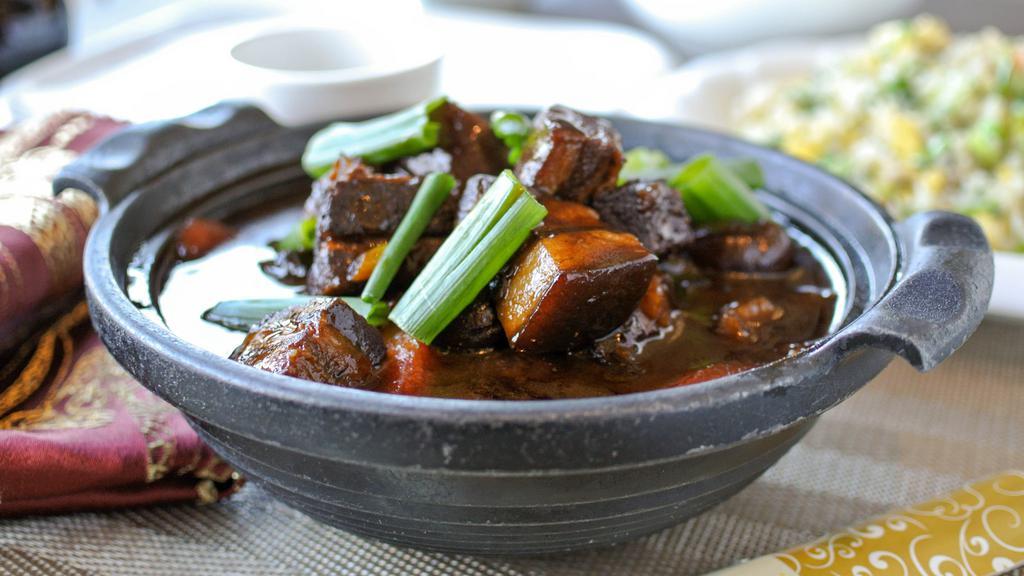 Beijing Style Braised Pork Belly 北京紅燒肉 · Cubed pork belly braised in a sweet and savory soy sauce.