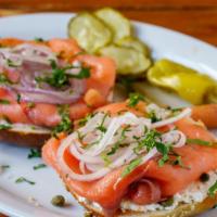 Bagel with Lox · Smoked salmon, cream cheese, capers and red onion.