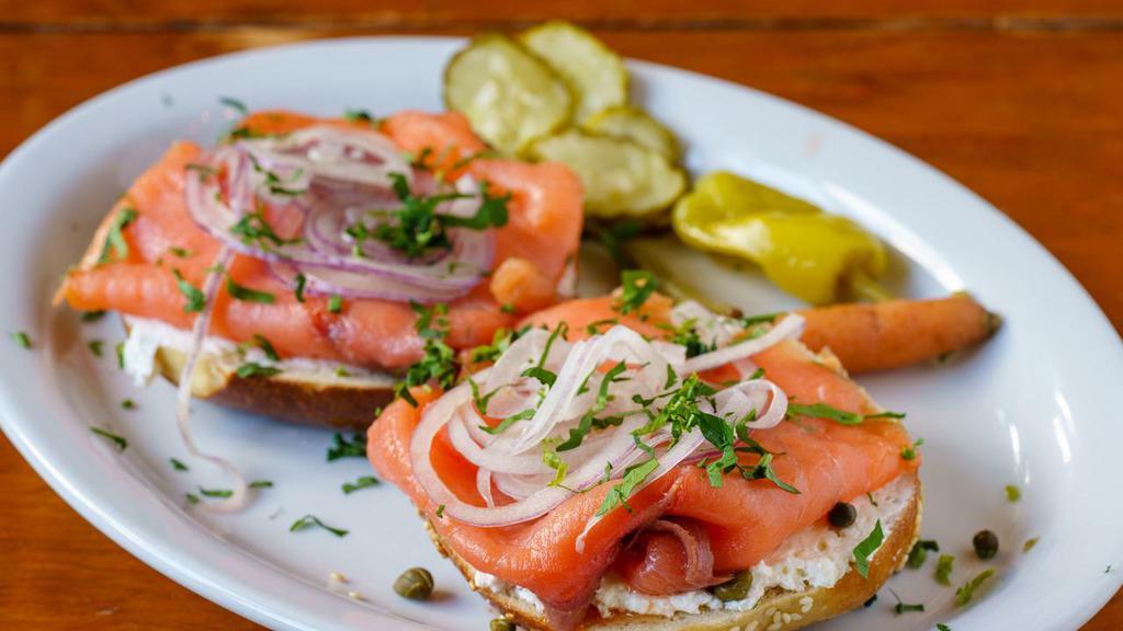 Bagel with Lox · Smoked salmon, cream cheese, capers and red onion.