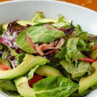 Mixed Greens Salad · Cucumber, cherry tomato, walnuts, avocado, red onion, balsamic vinaigrette.