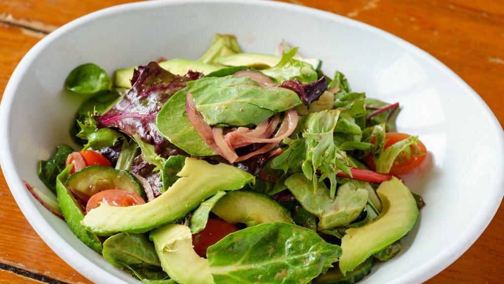 Mixed Greens Salad · Cucumber, cherry tomato, walnuts, avocado, red onion, balsamic vinaigrette.