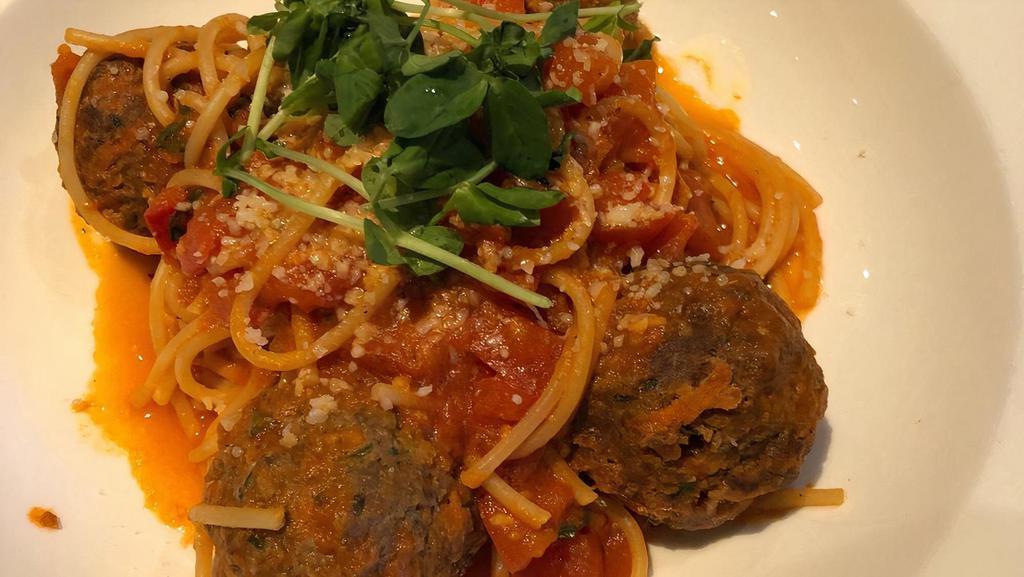 Spaghetti Meatballs · Wagyu Beef, Diced Roma Tomatoes, Garlic, Basil, Marinara, Parmesan