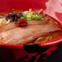 Tonkotsu Spicy Ramen · pork broth: pork chashu, spicy bean sprouts, kikurage, green onion and spicy sauce » served ...