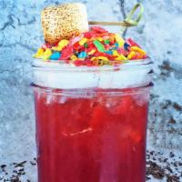 Strawberry Pebbles · Strawberry infused Black Tea topped with black-lava crema, Fruity Pebbles and a fire-roasted...