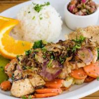 Frango Grelhado · Grilled chicken breast served with marinated onions, mixed grilled vegetables, jasmine rice,...