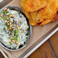 Chips and Dip · dottie's spinach dip topped with green onion and pine nut served with s.o.m chips