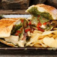 Chicken Pesto · Heated. Tender chicken with pesto, caramelized onions, sun-dried tomatoes, and provolone. 51...