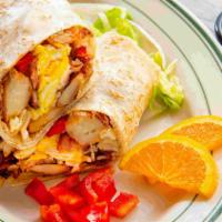Breakfast Burrito · Egg, cheese, red bell peppers, onions, & potatoes.