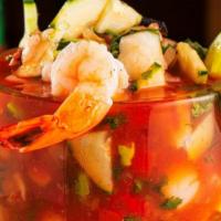 Campechana · Cooked prawns, octopus, and scallops mix with tomato juice, pico de gallo, avocado, and cucu...