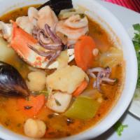 Siete Mares · Seafood soup with crab, octopus, prawns, clams, bay shrimp, scallops, calamari, potatoes, an...
