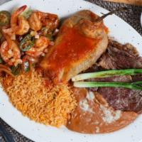 Don Pancho's Plate · Carne asada, chile relleno and your choice of camarones (shrimp) you must be very hungry.