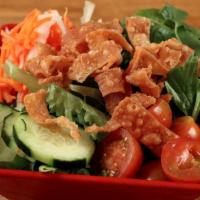 Mixed Greens Side Salad · Mixed greens, tomatoes, cucumbers, and crispy wontons served with a side of organic sesame g...