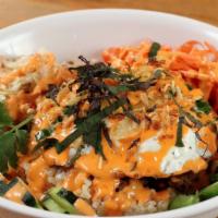Hawker Bowl · Fried egg, cucumbers, Vietnamese herbs, Kimchi, pickled carrots and daikon, cilantro, spicy ...