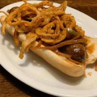 Pig Dog · Your choice of house made hot link or bratwurst, on a Hoagie Roll. Served with smoked onion ...