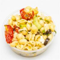 Club Med Salad · Shell pasta with cucumber, black olive, sun dried tomatoes, feta cheese, green onion, and a ...